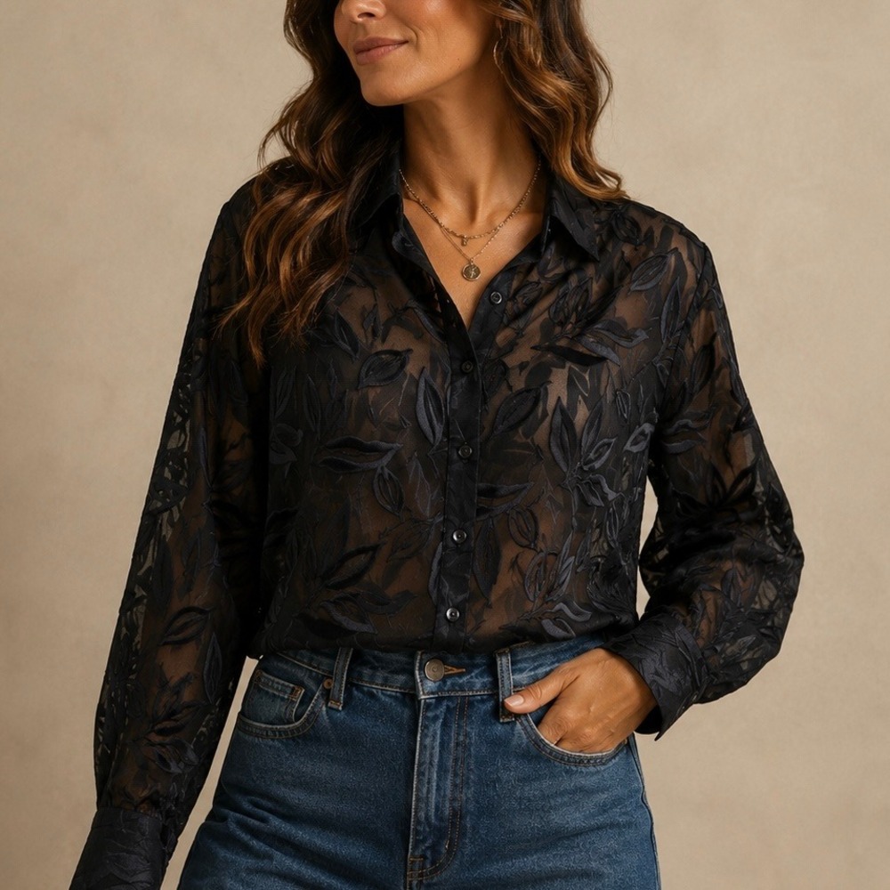 Nygard Collection Black Sheer Burnout Leaf Button Up Blouse 12 Dark Floral